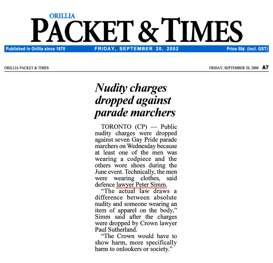 Orillia Packet & Times 2002-09-20 - Simm convinces Crown to drop nudity charges against Pride marchers